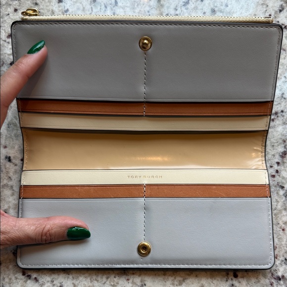 Tory Burch Colorblock Leather Zip Wallet in Cream, Beige, Tan & Gray - Picture 6 of 7